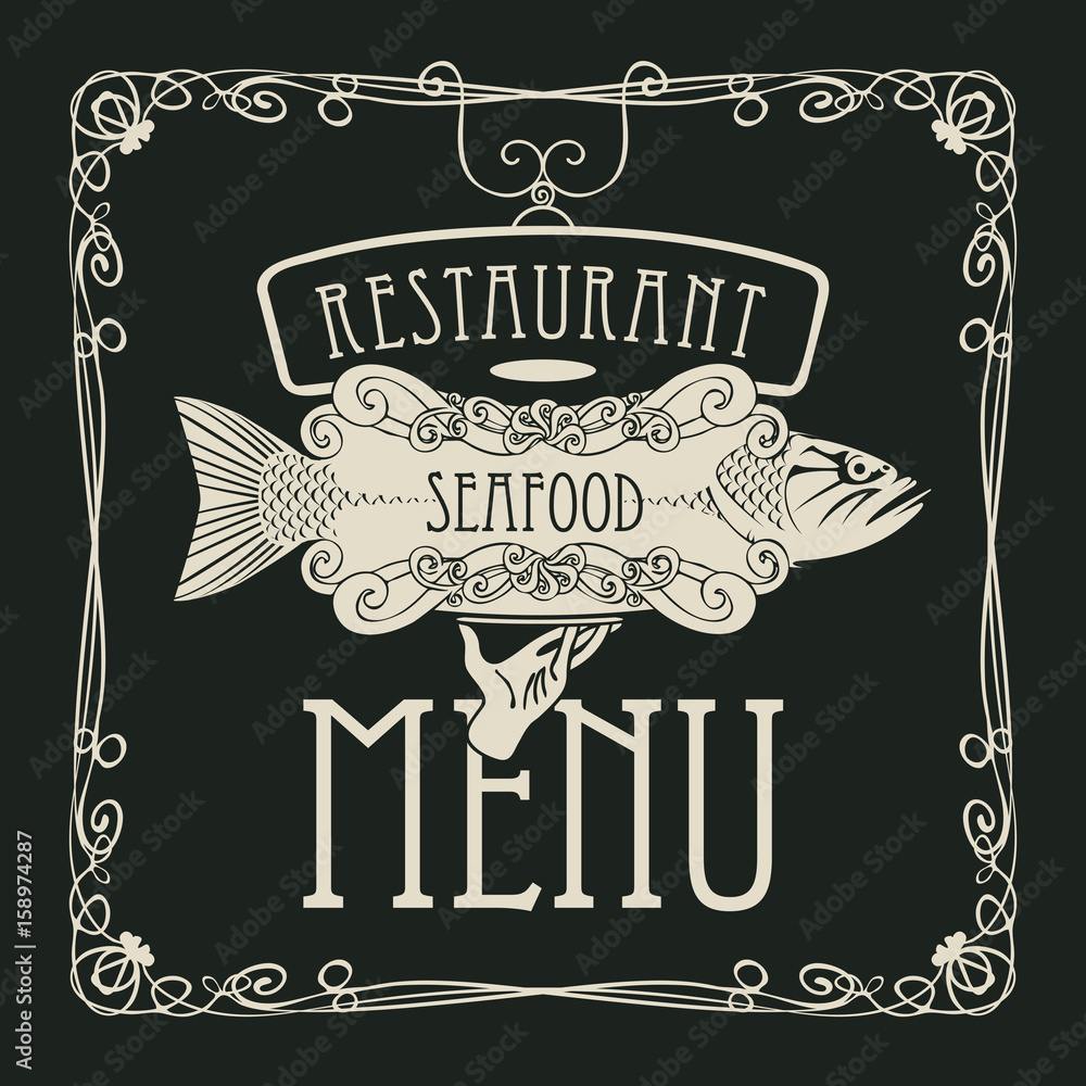Poster vector restaurant menu of seafood with a picture of a hand with a tray on which is a big fish in a r