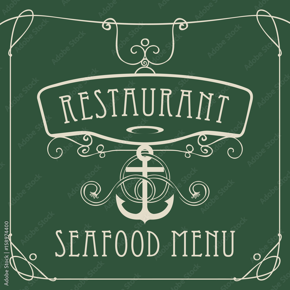 Poster vector restaurant menu of seafood with an anchor and rope in a retro style with a curly frame on dar