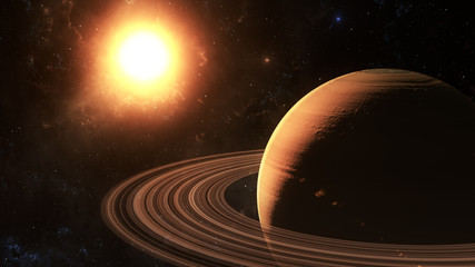 Obraz na płótnie Canvas The sun shines on Saturn in space high quality 3d illustration.