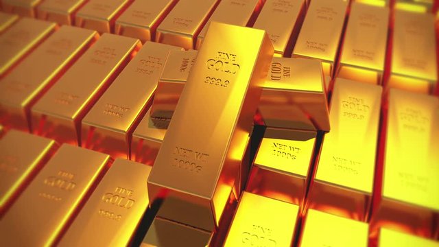 4k Gold bullion gold bars treasury wealth Ingot luxury finance goods trading,3D animation of stacked gold bars.