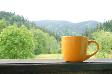 Obraz premium A beautiful cup with hot tea stands in front of a beautiful scenery