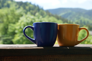 A beautiful cup with hot tea stands in front of a beautiful scenery