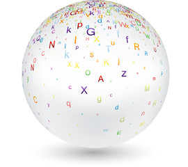 White ball with colorful letters.