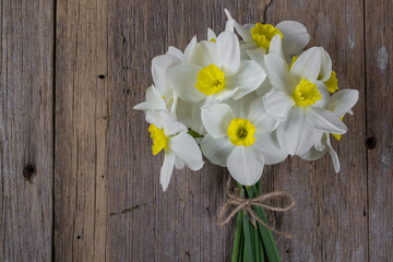 Background with white narcissus  on rustic wooden  background