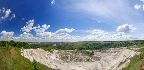 Panoramic views of the chalk mountains. Landscape of the central part of Russia.