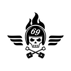 skull with helmet on fire logo with wing ,rod,piston