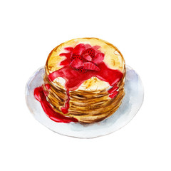 The pancakes with strawberry syrup isolated on white background, watercolor illustration in hand drawn style.
