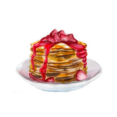The pancakes with strawberry syrup isolated on white background, watercolor illustration in hand drawn style.