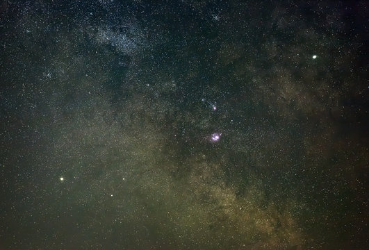 The central part of the Milky Way with bright stars, nebulae and planets.