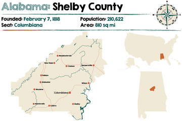 Large and detailed map of Shelby County in Alabama.