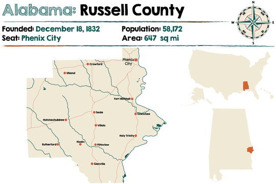 Large and detailed map of Russell County in Alabama.
