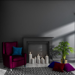 Empty darkened room with black wall, fireplace, candles, armchair, pillows, carpet and plant. Scandinavian interior. Mock up. 3d render illustration.