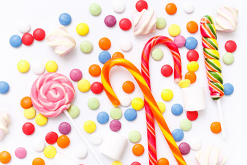 lollipops, candy, top view flat lay on white background
