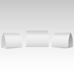 Blank table tent with shadows isolated on white background. Front, left and right view. Vector