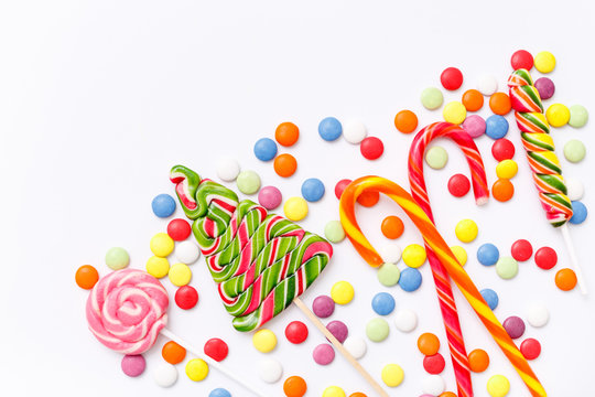 lollipops, candy, top view flat lay on white background