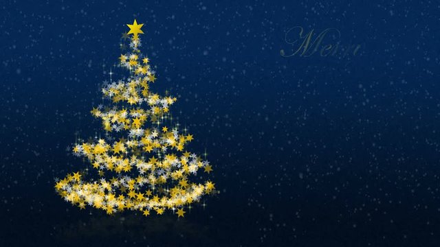 Christmas tree with glittering stars on blue background with seasons greetings, english version; part of a multilingual series, approx. 25 sec.