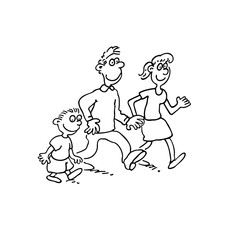 happy family cartoon walking together. outlined cartoon handrawn sketch illustration vector.