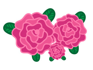 Pink roses with leaves vector illustration doodle drawing. Bunch of flowers in pink shades with green leaves.