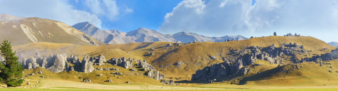 Panoramic image of beautiful Castle Hill in the morning , between Darfield and Arthur's Pass , South Island of New Zealand