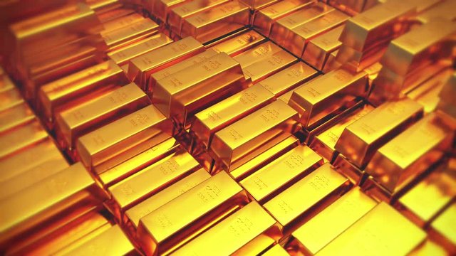 4k Gold bullion gold bars treasury wealth Ingot luxury finance goods trading,3D animation of stacked gold bars.
