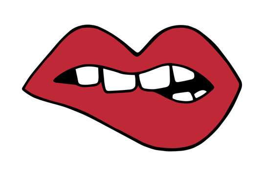 Red lips biting with teeth, mouth vector illustration doodle cartoon drawing.