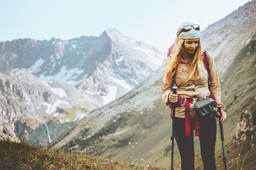 Woman hiking at rocky mountains Travel Lifestyle wanderlust concept summer vacations outdoor