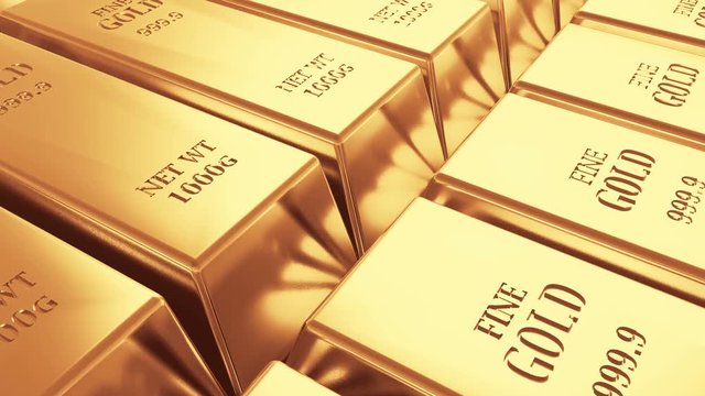 4k Gold bullion gold bars treasury wealth Ingot luxury finance goods trading,3D animation of stacked gold bars.