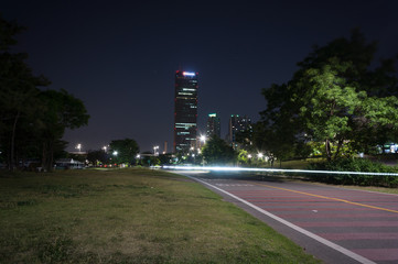bike road at night in the center of Seoul.