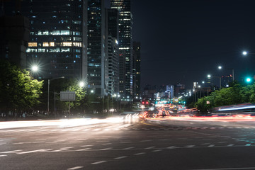 night traffic on the highway, light trace from the traffic
