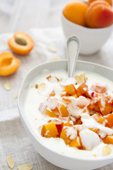 Frisches Joghurt mit Aprikosen in einer Schüssel auf Leinenserviette