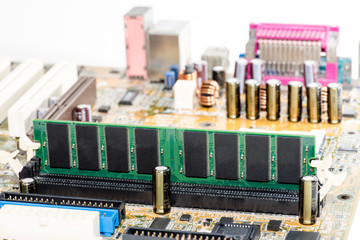 Close up of Electronic Ram(random access memory) on Mainboard computer