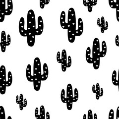 Cactus. Seamless pattern. Vector. Concept of black cactuses with cute hearts on white background. Cactus pattern vector background. Fabric print.