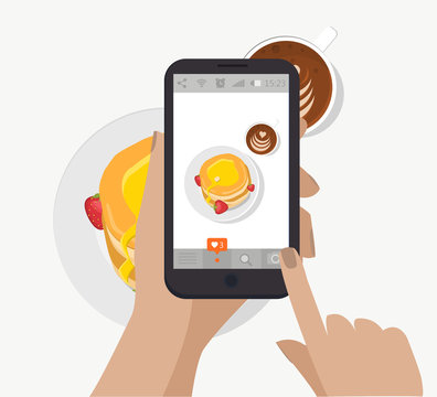 Hand holding smartphone, touching screen and taking food photography for social network. Vector. Making breakfast photo. Pancakes, coffee cup and strawberry.