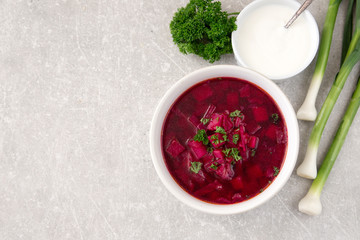 Borsch - beetroot soup. Ukrainian and Russian traditional vegetable vegetarian red soup