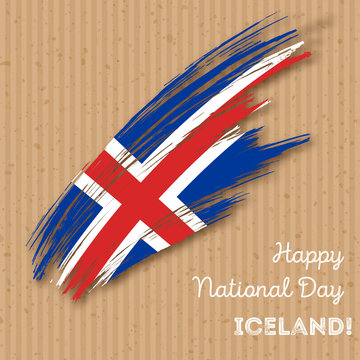 Iceland Independence Day Patriotic Design. Expressive Brush Stroke in National Flag Colors on kraft paper background. Happy Independence Day Iceland Vector Greeting Card.