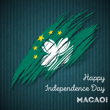 Macao Independence Day Patriotic Design. Expressive Brush Stroke in National Flag Colors on dark striped background. Happy Independence Day Macao Vector Greeting Card.