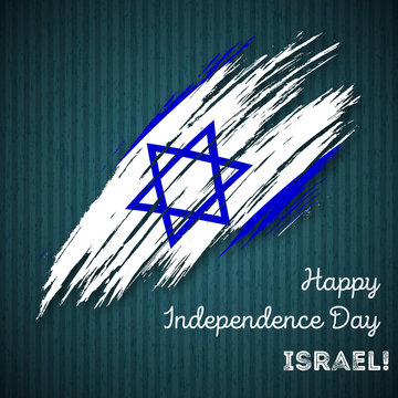 Israel Independence Day Patriotic Design. Expressive Brush Stroke in National Flag Colors on dark striped background. Happy Independence Day Israel Vector Greeting Card.