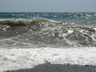 The beginning of the storm. A large dark wave with white is approaching the shore