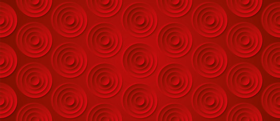 Volume realistic embossing circles texture, red background, 3d geometric seamless pattern, design vector wallpaper