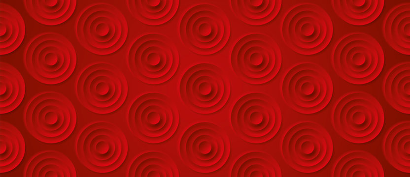 Volume realistic embossing circles texture, red background, 3d geometric seamless pattern, design vector wallpaper