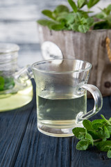 Mint tea with fresh mint leaves. selective focus, copy space