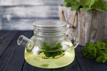 Mint tea with fresh mint leaves. selective focus, copy space