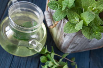 Mint tea with fresh mint leaves. selective focus, copy space