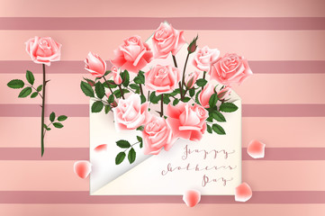 Happy Mothers Day lettering. Mothers day greeting card with Roses Flowers. Vector illustration