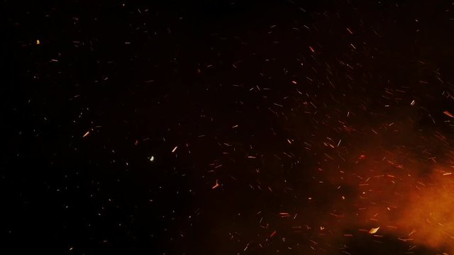 Flying glowing bonfire embers into night sky