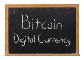 Obraz premium Bitcoin written in white chalk on a black chalkboard isolated on white