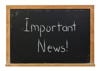 Important News written in white chalk on a black chalkboard isolated on white