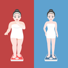 overweight women in towel on scale and beautiful girl in normal weight on scales, obesity illustration concept