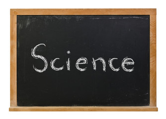 Science written in white chalk on a black chalkboard isolated on white