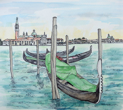 Ink And Watercolor Painting  of the Church of  San Giorgio Maggoiore with Gondolas in the foreground.